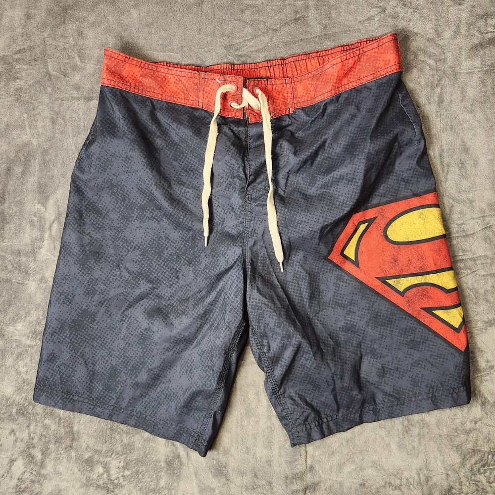 Mens Superman Swim Trunks Board Shorts DC Comics Swimwear Size XL Blue Red